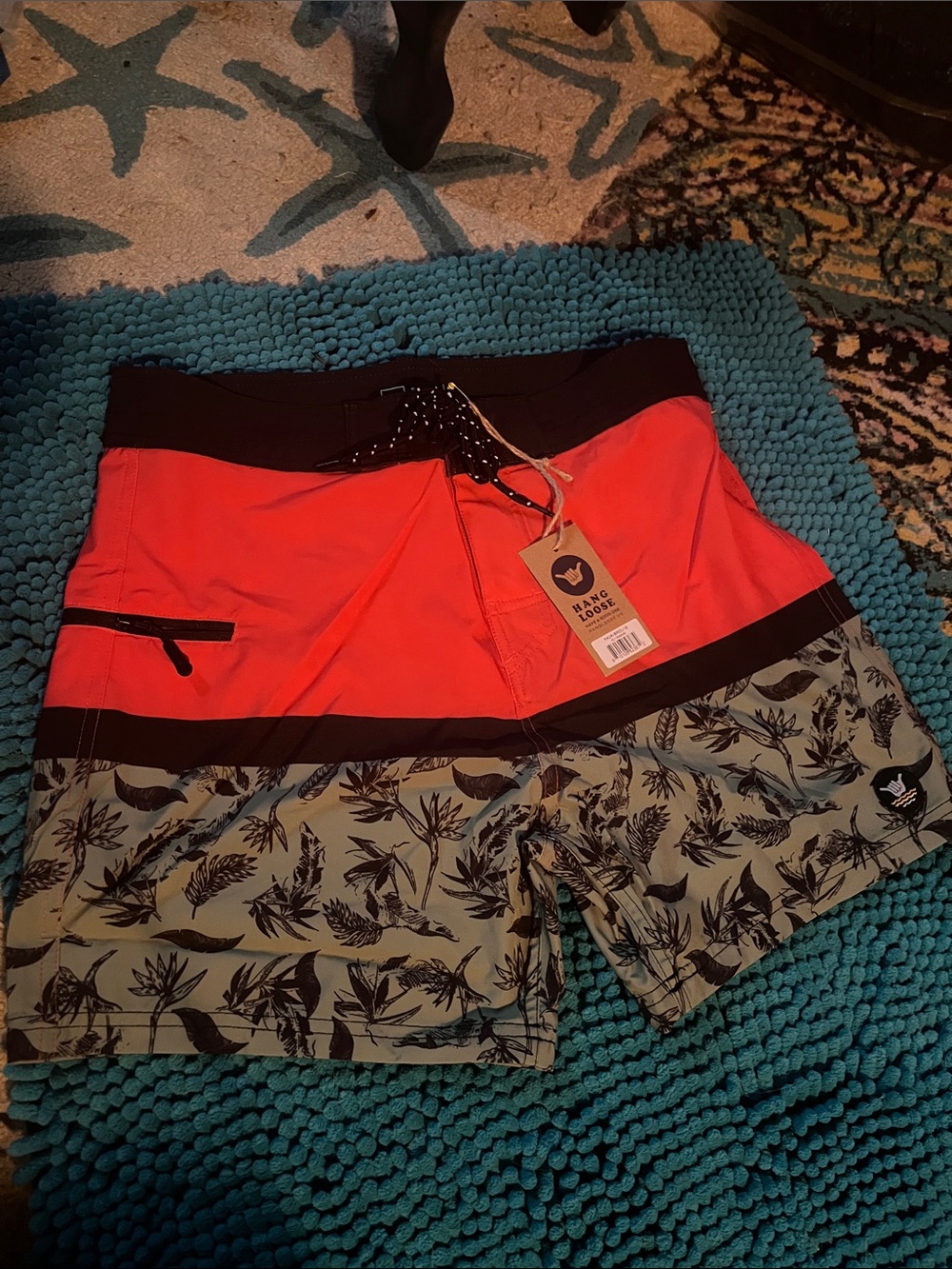 Men's Two-Tone Coral & Olive Floral Swim Trunks